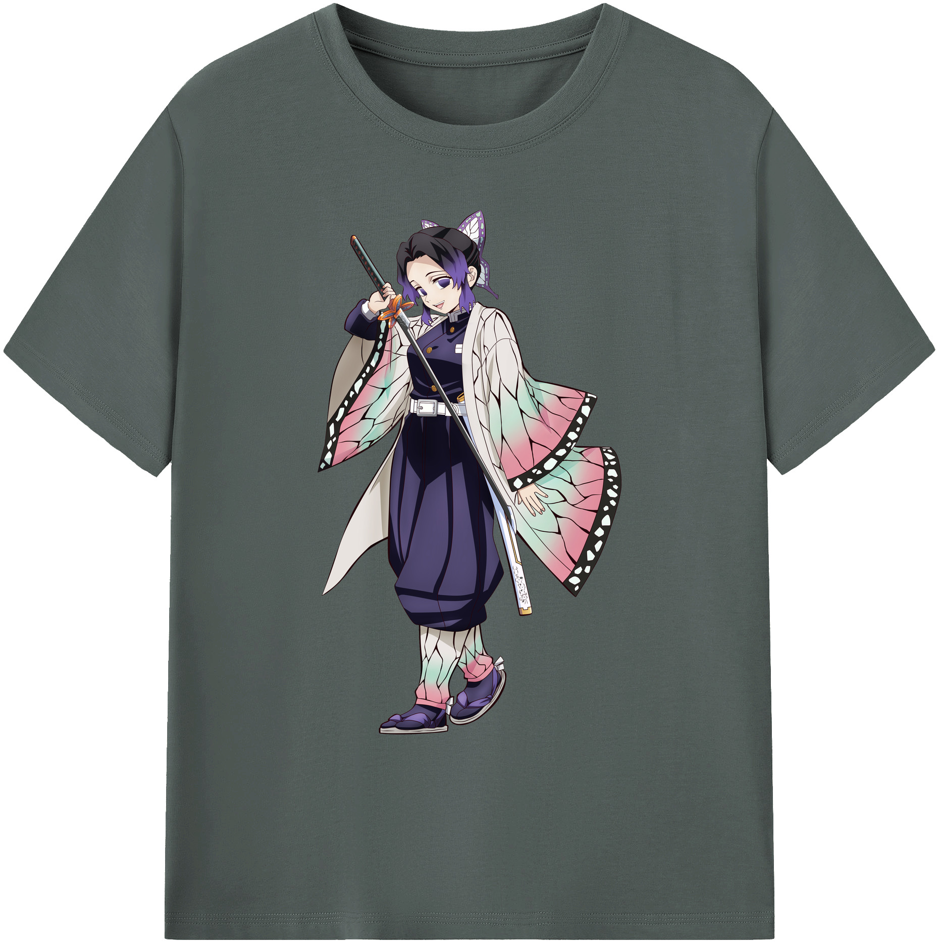 （画像用） 鬼滅の刃（きめつのやいば）蟲柱-胡蝶 しのぶ／こちょう しのぶ Kochou Shinobu 綿100％ メンズ半袖Tシャツ｜肌触りやわらか＆通気性